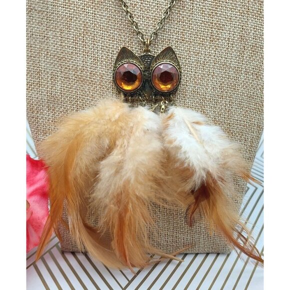 Unique OWL Necklace Brown Feather Body Amber Color Crystal Eyes Gold Tone Chain - Picture 2 of 7